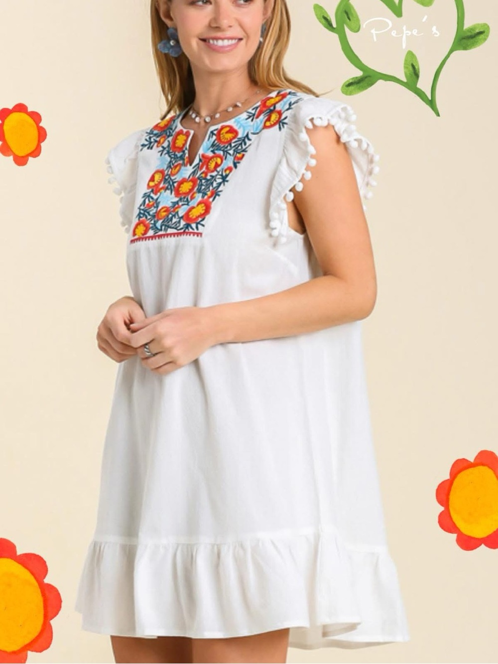UMGEE White Embroidered Flutter Sleeve Dress with Pom Trim